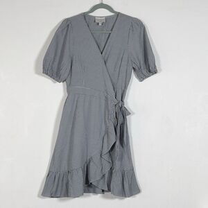 Hayden Wrap Mini Dress Womens Sz M Gingham Short Sleeve Ruffle Hem